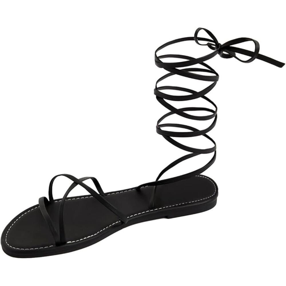 Gorglitter Womens Size 10.5 Black Faux Leather Gladiator Ankle Wrap Flat Sandals